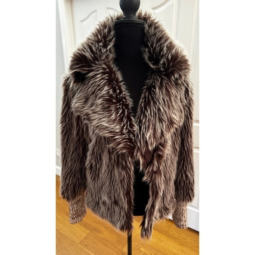 Brown Faux Fur Jacket Womens M Chunky Knit Sleeve Boho Y2K Purple Rain QED